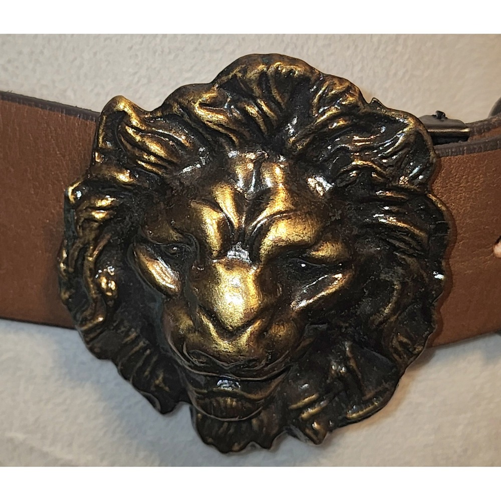 Vintage Brown Leather Belt with 3D Bronze Lion Head Buckle Statement Piece